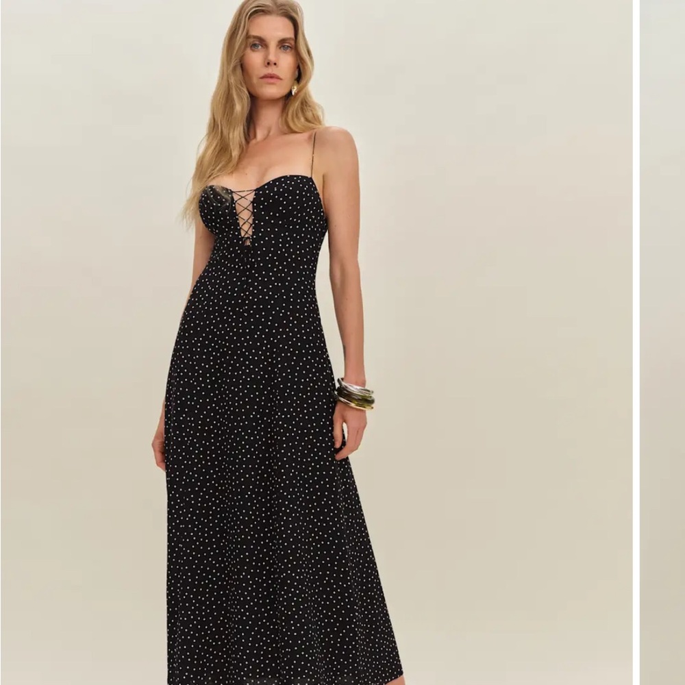 Reformation Black Strapless Polka Dot Dress